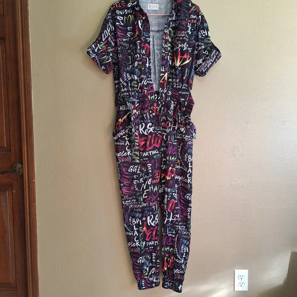 L'atiste Colorful Graffiti Print Full Length Belted Mechanic Style Jumpsuit - Picture 15 of 16